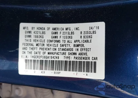 2016 Honda Accord Sport from USA, damaged, VIN 1HGCR2F56GA194248